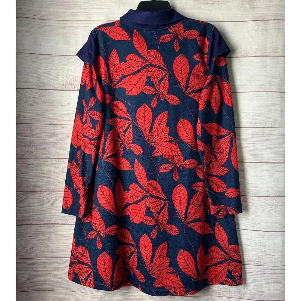 Reborn Navy Blue with Red Leaf Pattern Dress Folded Cowl Neck Fall Leaves XL